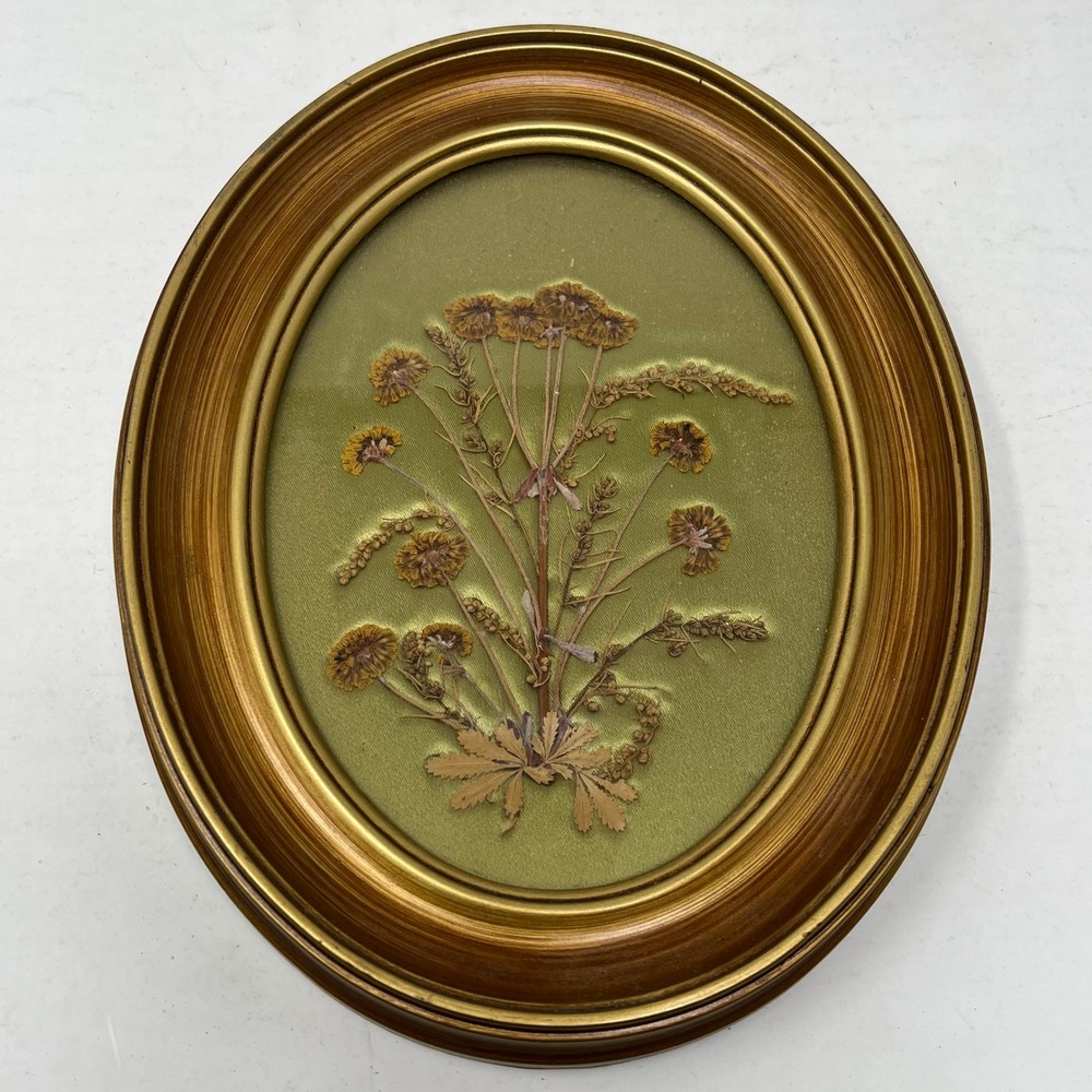Vintage Dried Pressed Flower Botanical Wall Art Gold Oval Frames Set of 2 Green - Picture 3 of 6